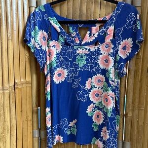 Maeve Blue Floral Blouse with Pink Accents